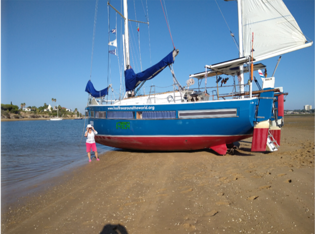 picture of sailing boat Ya dried out on the sand in Alvor Bay